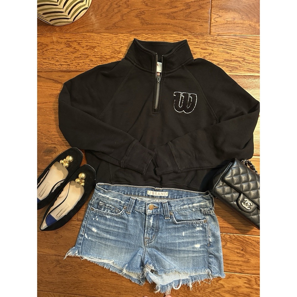 Wilson Womens XS Black Quarter Zip Cropped Sweatshirt W Logo Pullover Tennis